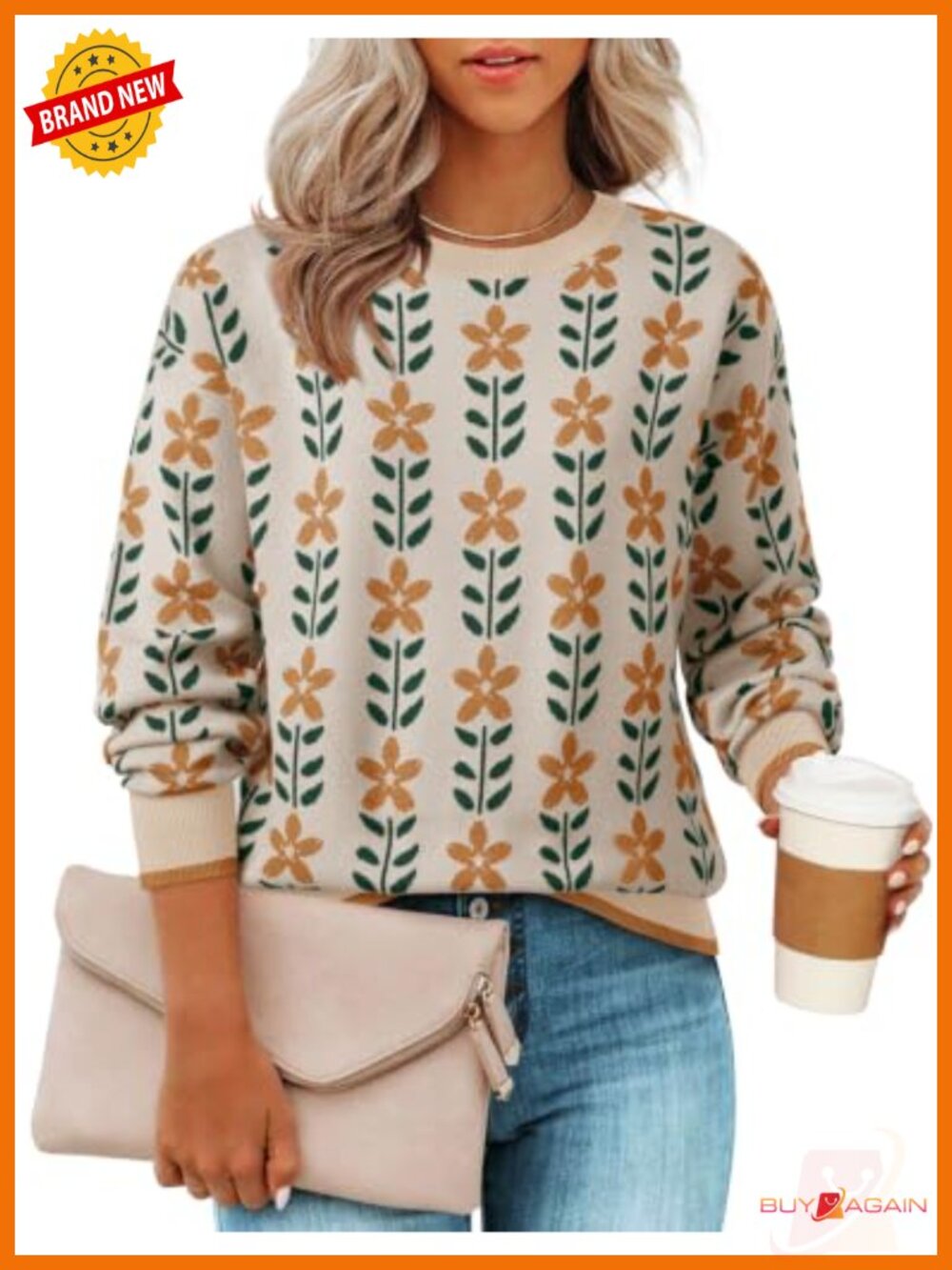 Womens Long Sleeve Crewneck Floral Printed Knit Pullover Sweater Loose Fit